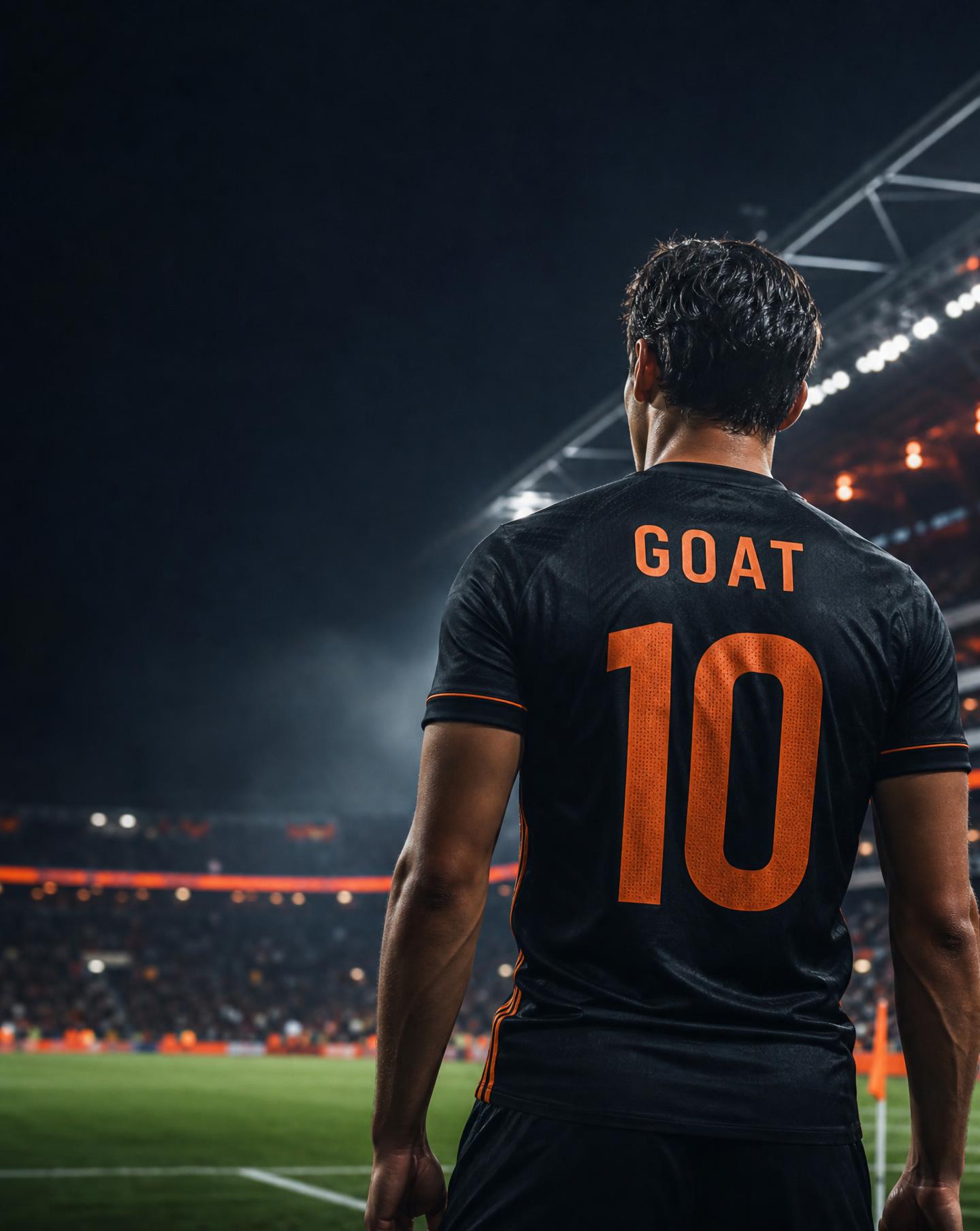 Futbolista con camiseta GOAT ante un estadio iluminado